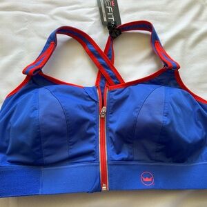 SHEFIT Blue and Red Sports Bra with Front Zipper